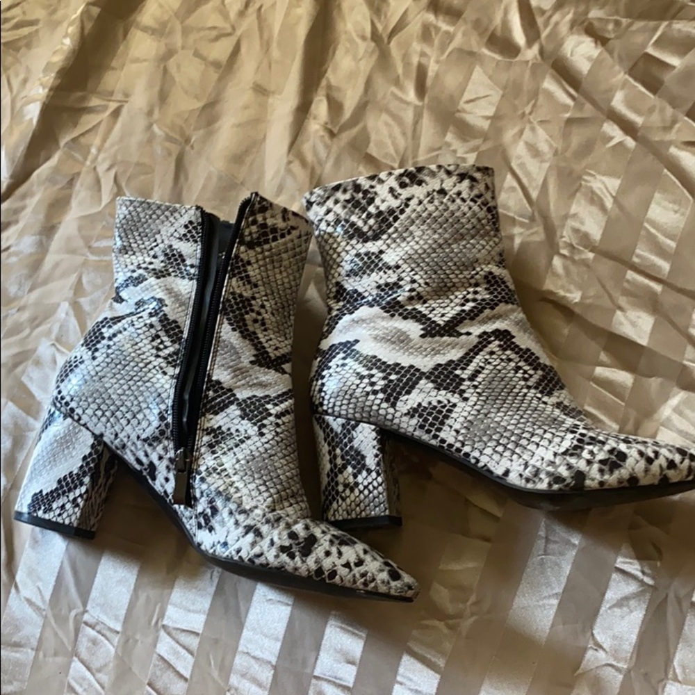 Black and white faux snake skin ankle boots